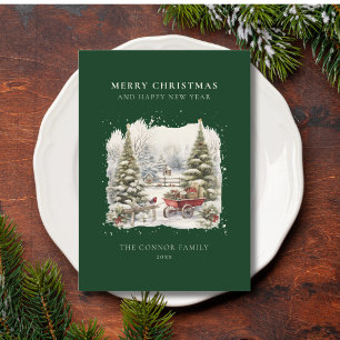 Vintage Elegant Watercolor Christmas Tree Forest Holiday Card