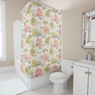 Vintage Elegant Watercolor Succulents Twigs Stones Shower Curtain