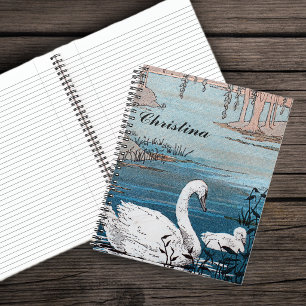 Vintage Elegant White Mother Swan Baby in Lake Spiral Notebook
