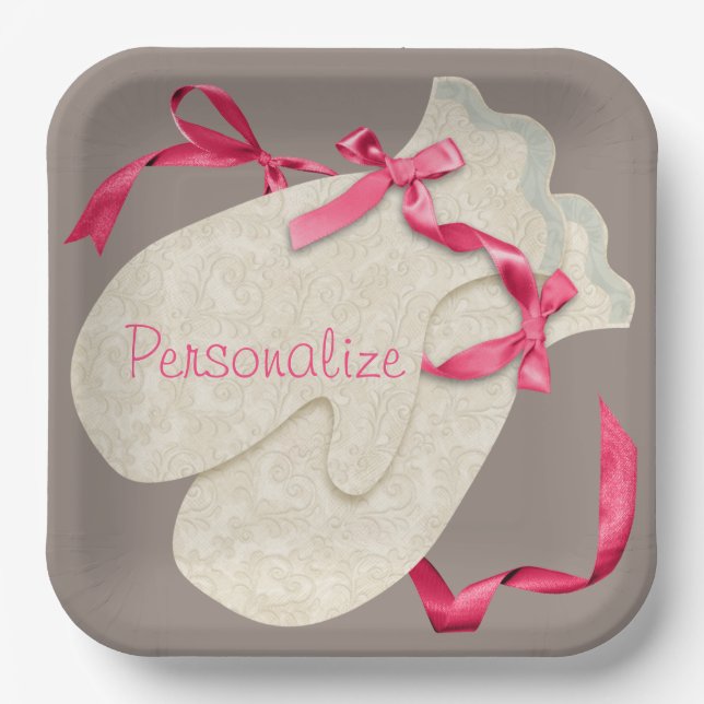 Vintage elegant winter mittens ribbon lace  paper plate (Front)