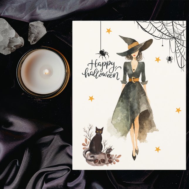 Vintage Elegant Witch Cat Spiders Gothic Halloween Postcard (Creator Uploaded)