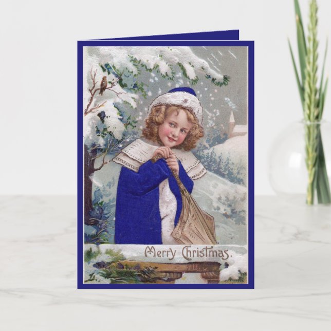 Vintage elegant young lady in snow  greeting card (Front)