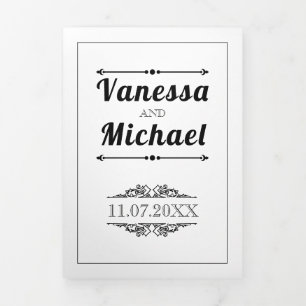 Vintage elements, black, white typography wedding Tri-Fold invitation
