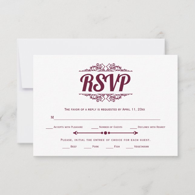 Vintage elements burgundy typography RSVP card (Front)