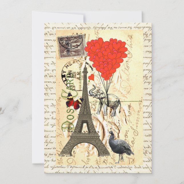 Vintage elephant and red heart balloons (Front)