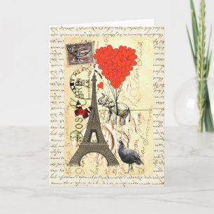 Vintage elephant and red heart balloons card