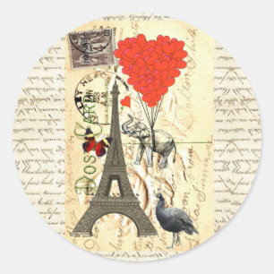 Vintage elephant and red heart balloons classic round sticker