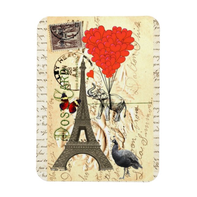 Vintage elephant and red heart balloons magnet (Vertical)