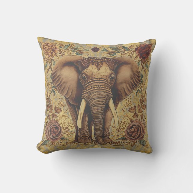 Vintage Elephant, Antique Elephant Flowers Pattern Cushion (Front)