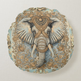 Vintage Elephant, Antique Elephant,Gold Soft Blue Round Cushion
