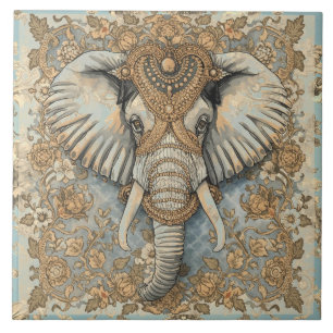 Vintage Elephant, Antique Elephant,Gold Soft Blue Tile