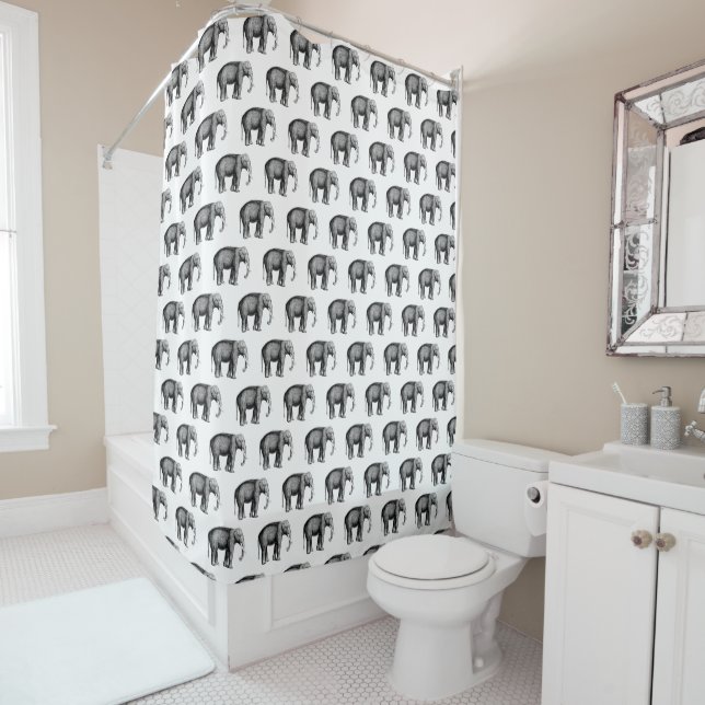 Vintage Elephant Drawing Shower Curtain (In Situ)