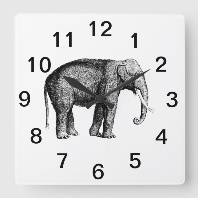 Vintage Elephant Drawing Square Wall Clock (Front)