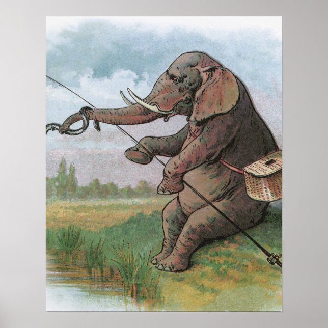 Vintage elephant fisherman fishing poster (Front)