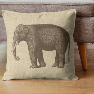 Vintage Elephant Illustration on Burlap  Cushion