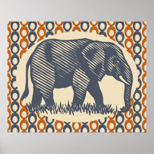 Vintage Elephant Orange Grey Poster