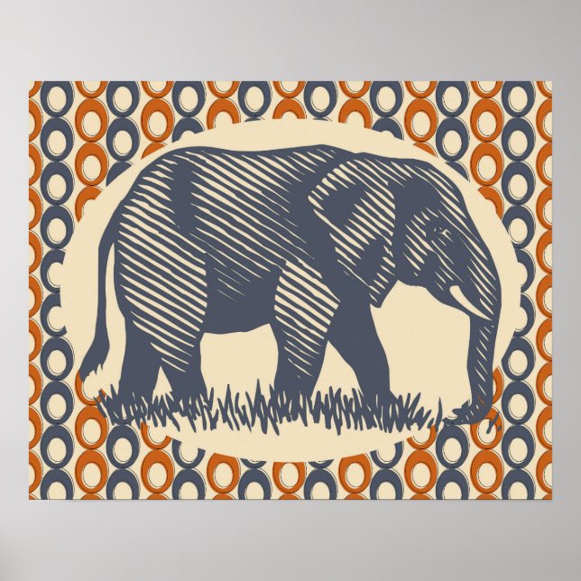Vintage Elephant Orange Grey Poster (Front)