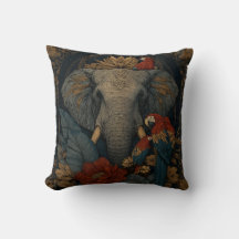 Vintage Elephant & Parrot Botanical Throw Pillow |