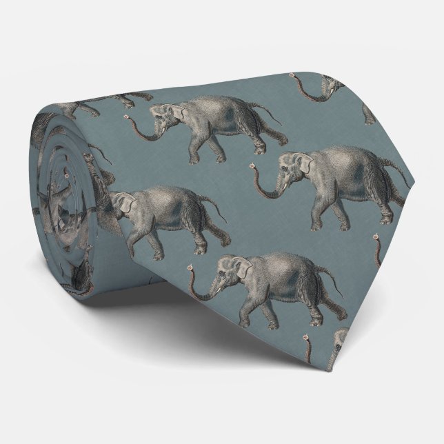 Vintage Elephant Pattern on Blue Linen Tie (Rolled)