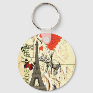 Vintage elephant & red heart balloons key ring