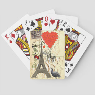 Vintage elephant & red heart balloons playing cards