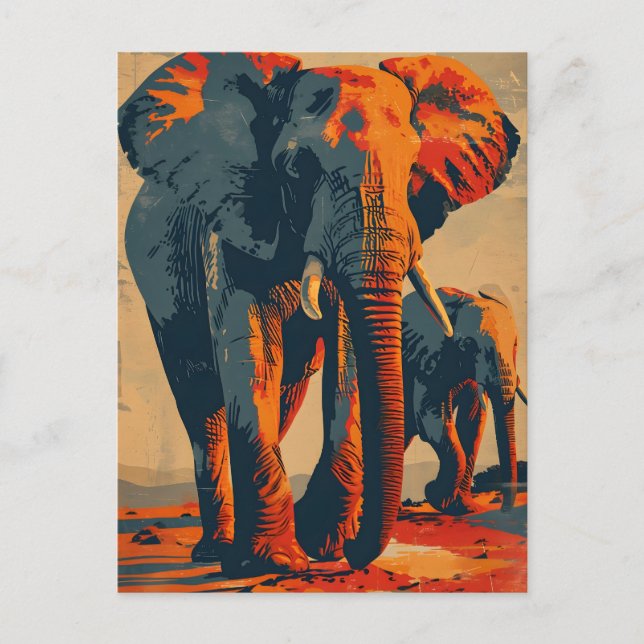 Vintage Elephant Sunset: Serenity in Nature Postcard (Front)