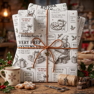 Vintage Elf Workshop Newspaper Christmas Wrapping Paper Sheet