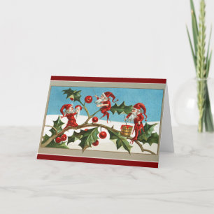 Vintage Elves And Berries Holiday Card