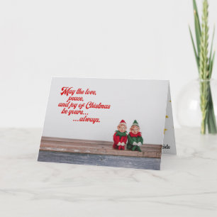 Vintage Elves on mantel w/ Love, Peace & Joy Card