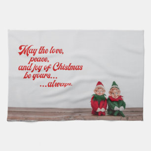 Vintage Elves on mantel w/ Love, Peace & Joy Tea Towel