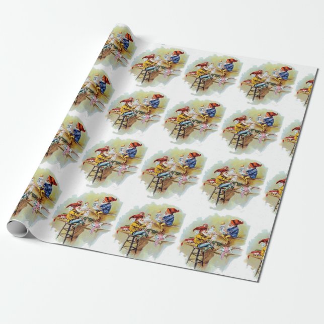 Vintage Elves With Toys Wrapping Paper (Unrolled)
