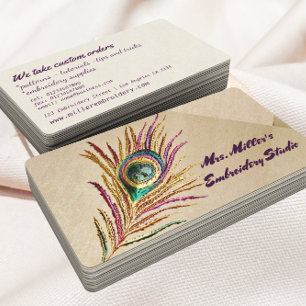 Vintage Embroidered Peacock Feather Embroidery Business Card