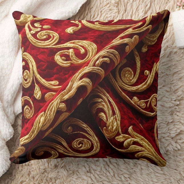 Vintage Embroidery look Red Gold Swirls Cushion (Creator Uploaded)