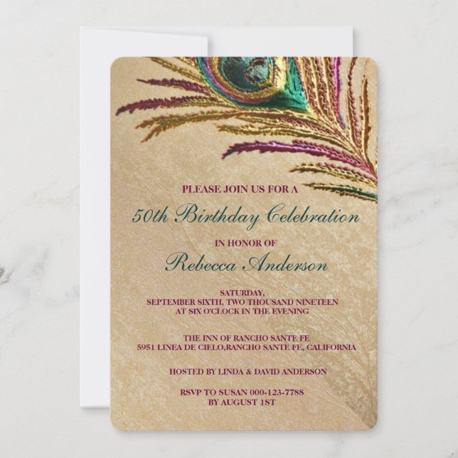 Vintage Embroidery Peacock Feather Birthday Party Invitation (Front)