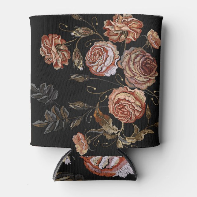 Vintage embroidery: roses on black. can cooler (Front)