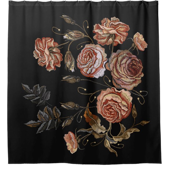 Vintage embroidery: roses on black. shower curtain (Front)
