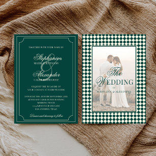 Vintage Emerald Checkered Old Money Photo Wedding Invitation