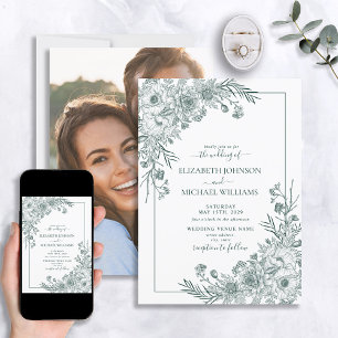 Vintage Emerald Floral Line Art Photo Wedding Invitation