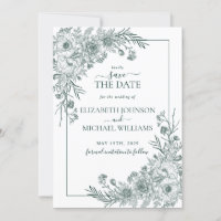 Vintage Emerald Floral LineArt Photo Save the Date