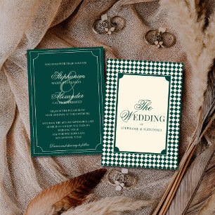 Vintage Emerald Green Checkered Old Money Wedding Invitation