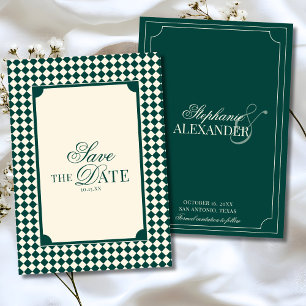 Vintage Emerald Green Checkered Old Money Wedding Save The Date