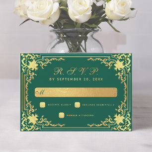 Vintage Emerald Green Faux Gold Elegant Wedding RSVP Card