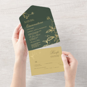 Vintage emerald green gold elegant Quinceañera All In One Invitation