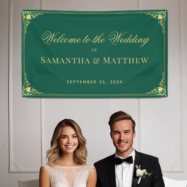Vintage Emerald Green Gold Elegant Wedding Welcome Banner (Creator Uploaded)