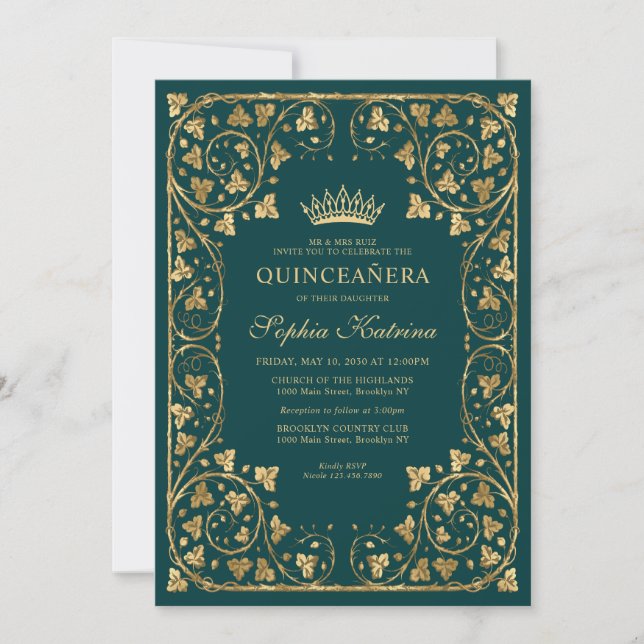 Vintage Emerald Green Gold Frame Tiara Quinceanera Invitation (Front)