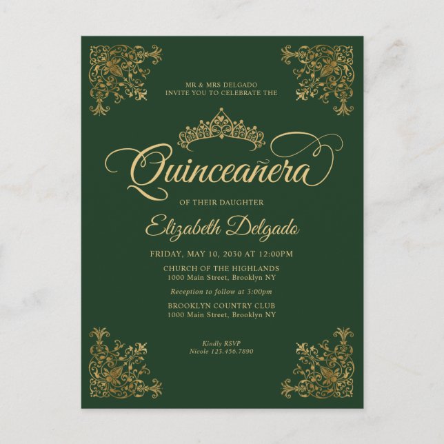 Vintage Emerald Green Gold Frame Tiara Quinceanera Postcard (Front)