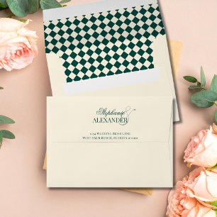 Vintage Emerald Ivory Chequered Old Money Wedding Envelope