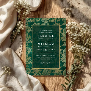 Vintage Emerald Peacock Gold QR Code Wedding Invitation