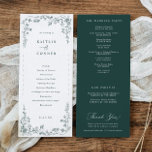 Vintage Emerald Victorian Floral French Wedding Programme<br><div class="desc">Lush emerald tones bring a bold yet timeless feel to this vintage French wedding program, perfect for a refined and elegant celebration. The design is framed with a graceful chinoiserie floral frame, featuring intricate floral artwork inspired by Victorian botanical illustration and classic toile de jouy patterns. The rich green wedding...</div>