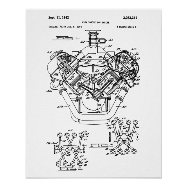 Vintage Engine Block Blueprint Diagram – Men's Car Poster (Front)
